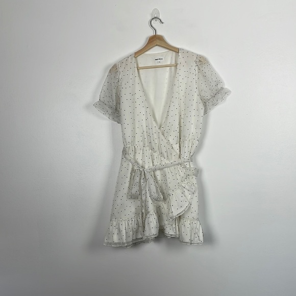 Super down short sleeve black white polka dot ruffle hem lined wrap mini dress - Picture 2 of 11